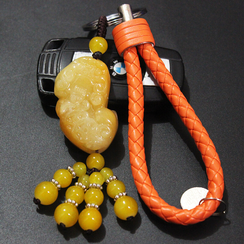 點繽 大眾高檔瑪瑙玉貔貅汽車鑰匙扣掛件創(chuàng)意男女士腰掛新帕薩特邁騰朗逸凌度途觀桑塔納速騰寶來 黃玉石霸王貔貅+皮革編織繩
